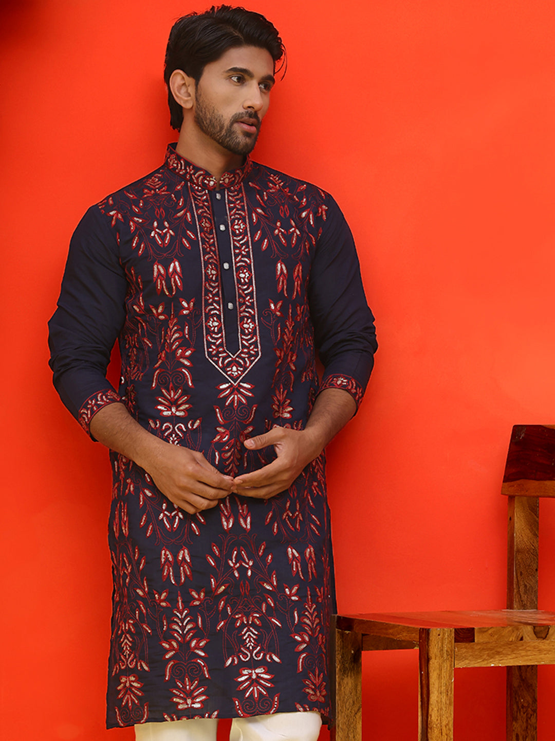 DesiQlo Men Floral Kurta Only - Blue - KO_5226Navy_S
