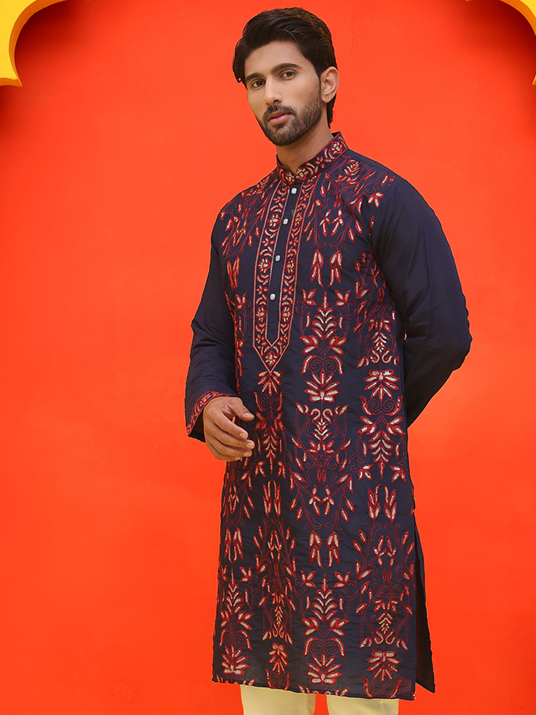 DesiQlo Men Floral Kurta Only - Blue - KO_5226Navy_S