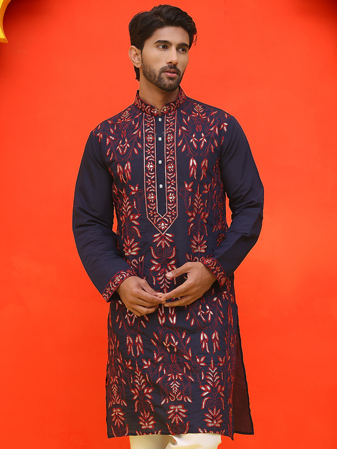 DesiQlo Men Floral Kurta Only - Blue - KO_5226Navy_S