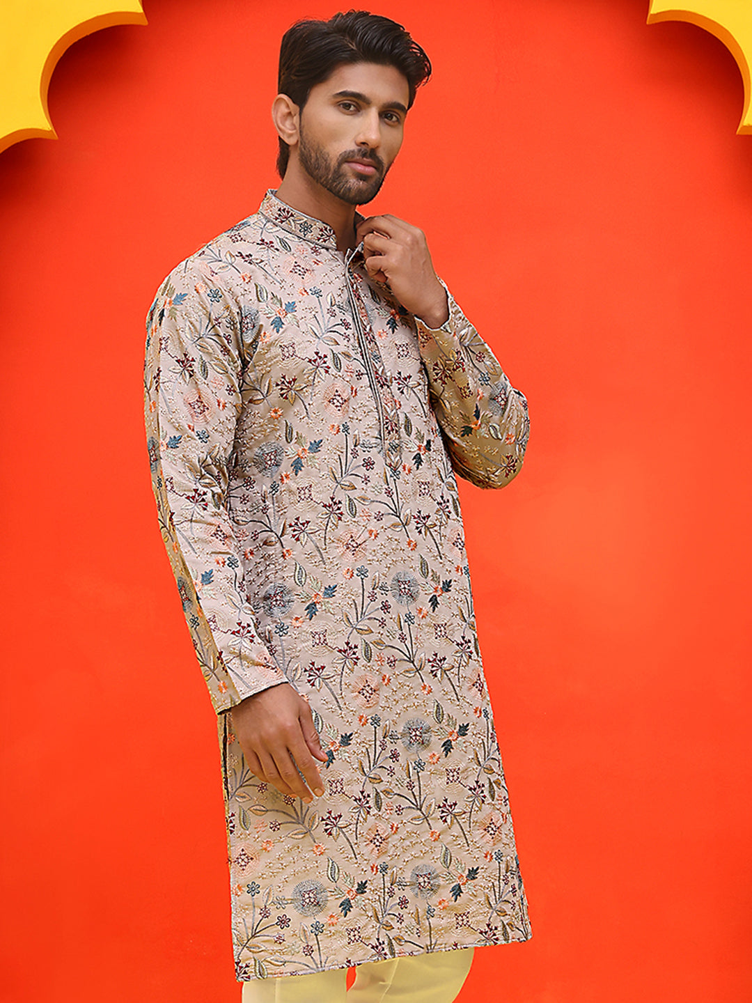 DesiQlo Men Floral Kurta Only - Beige - KO_5227Cream_S