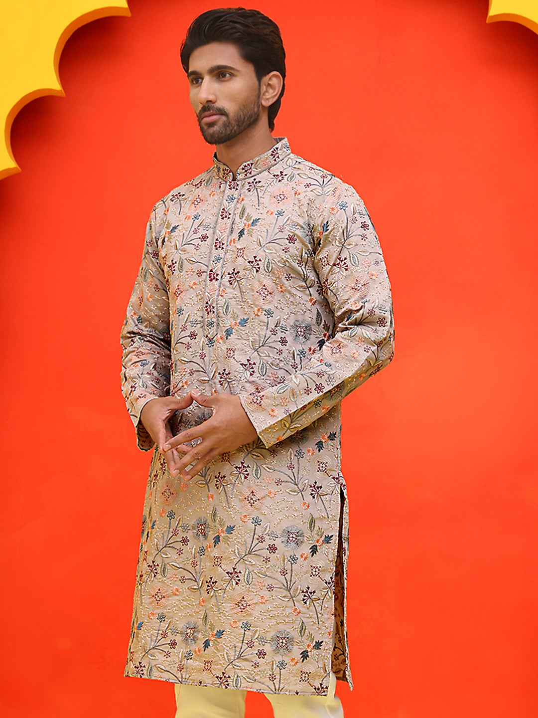 DesiQlo Men Floral Kurta Only - Beige - KO_5227Cream_S