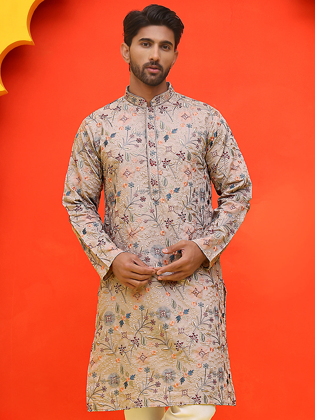 DesiQlo Men Floral Kurta Only - Beige - KO_5227Cream_S