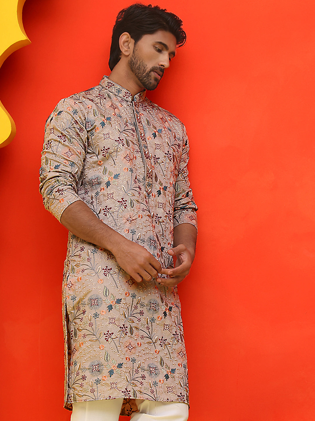 DesiQlo Men Floral Kurta Only - Beige - KO_5227Cream_S