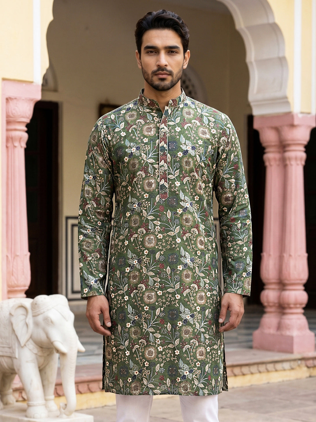DesiQlo Men Embroidered Kurta Only - Green - KO_5227Mehndi_S