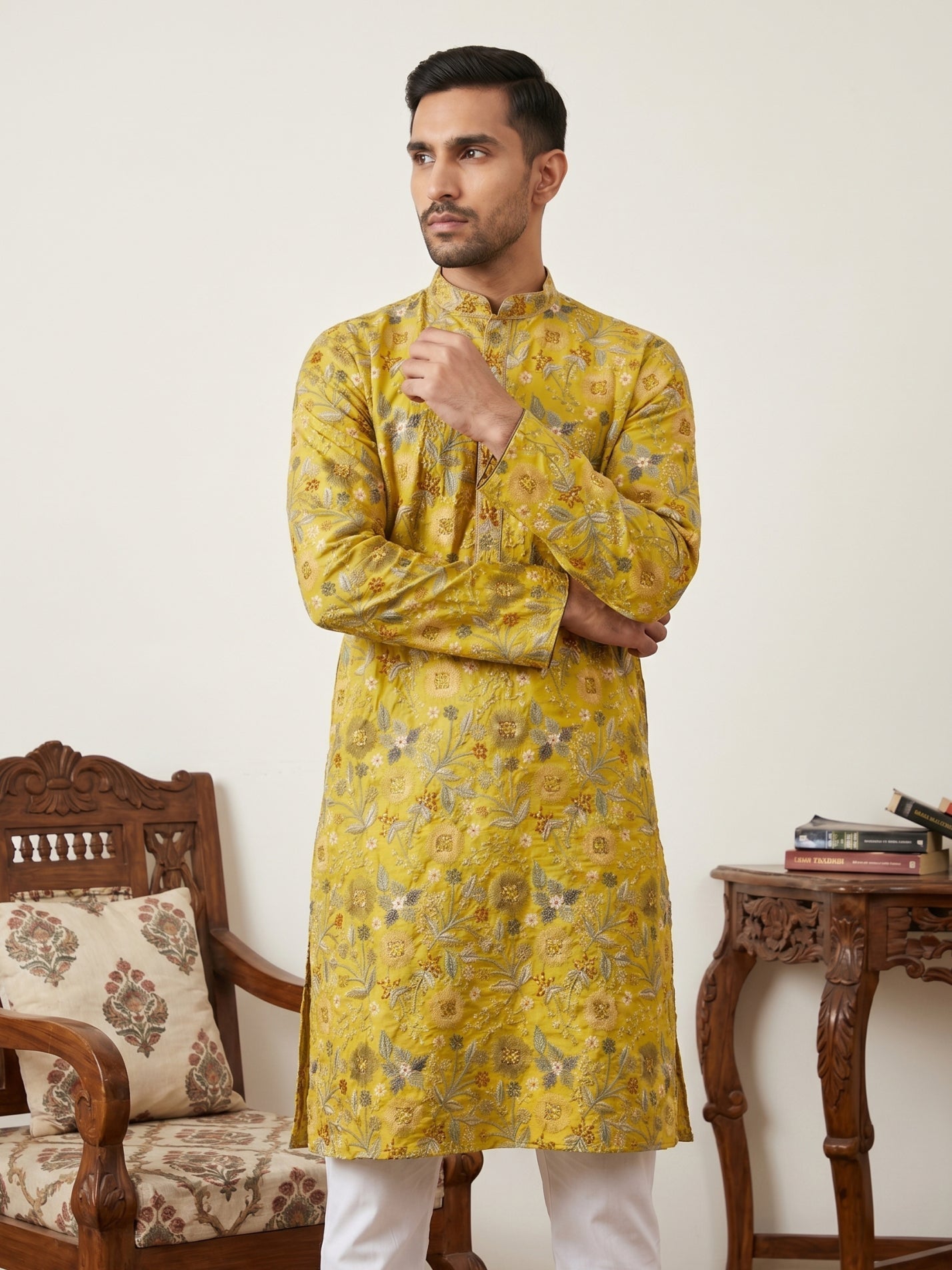 DesiQlo Men Embroidered Kurta Only - Yellow - KO_5227Mustard_S