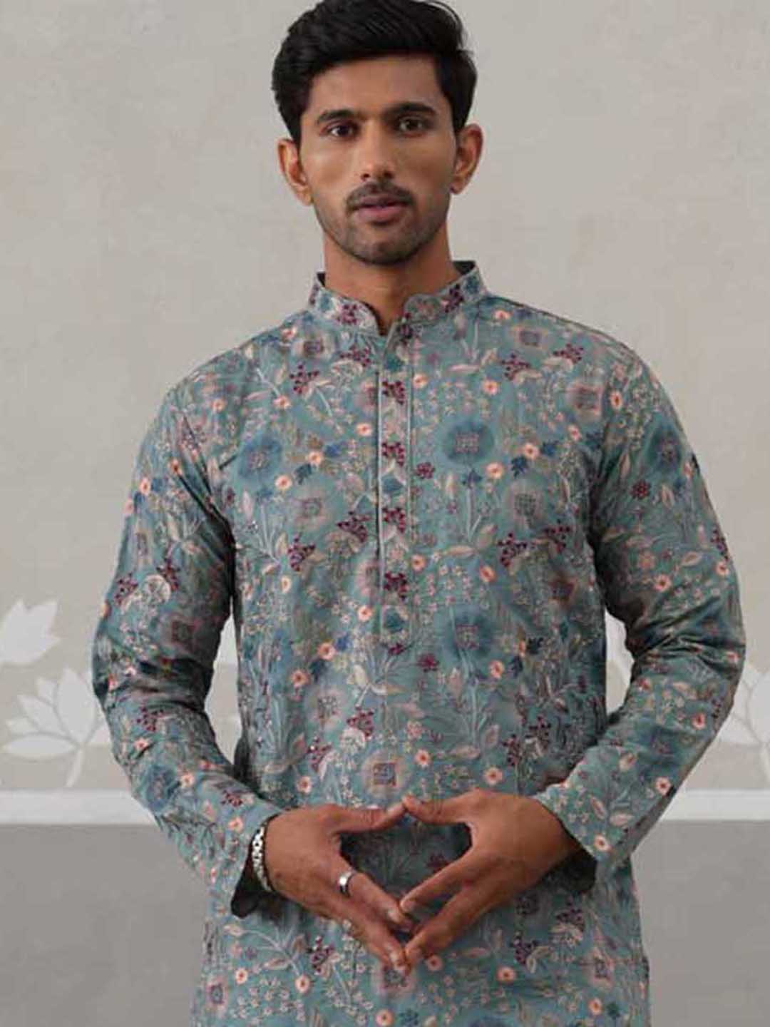 Embroidered Kurta For Men ( KO 5227 Sky ) [FF] [E-3-4]