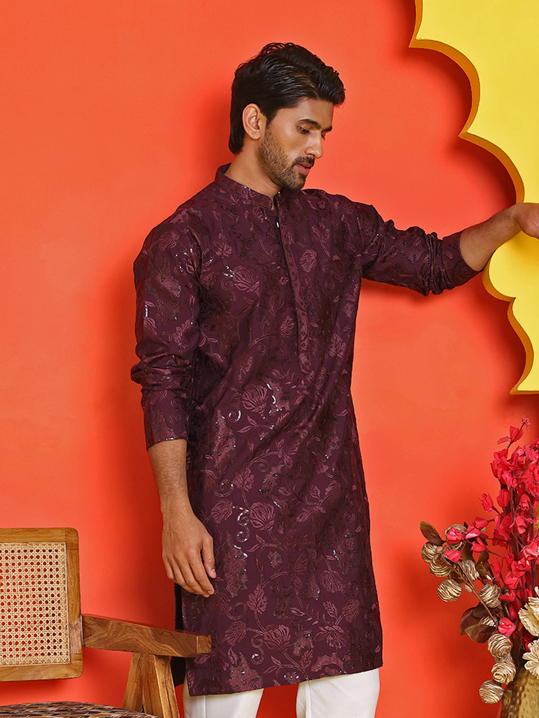 DesiQlo Men Embroidered Kurta Only - Purple - KO_5228Purple_S