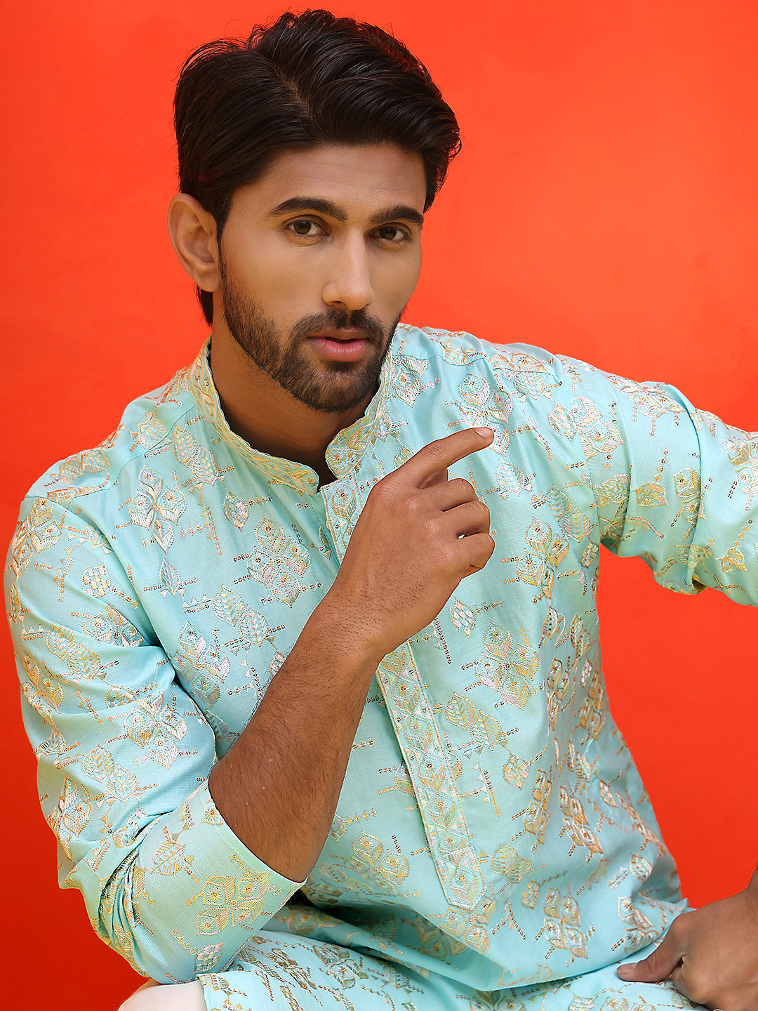 DesiQlo Men Floral Kurta Only - Blue - KO_5229Sky_S