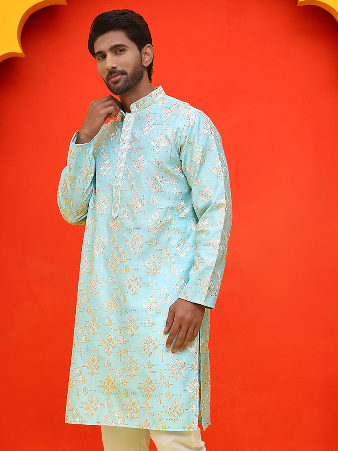 DesiQlo Men Floral Kurta Only - Blue - KO_5229Sky_S
