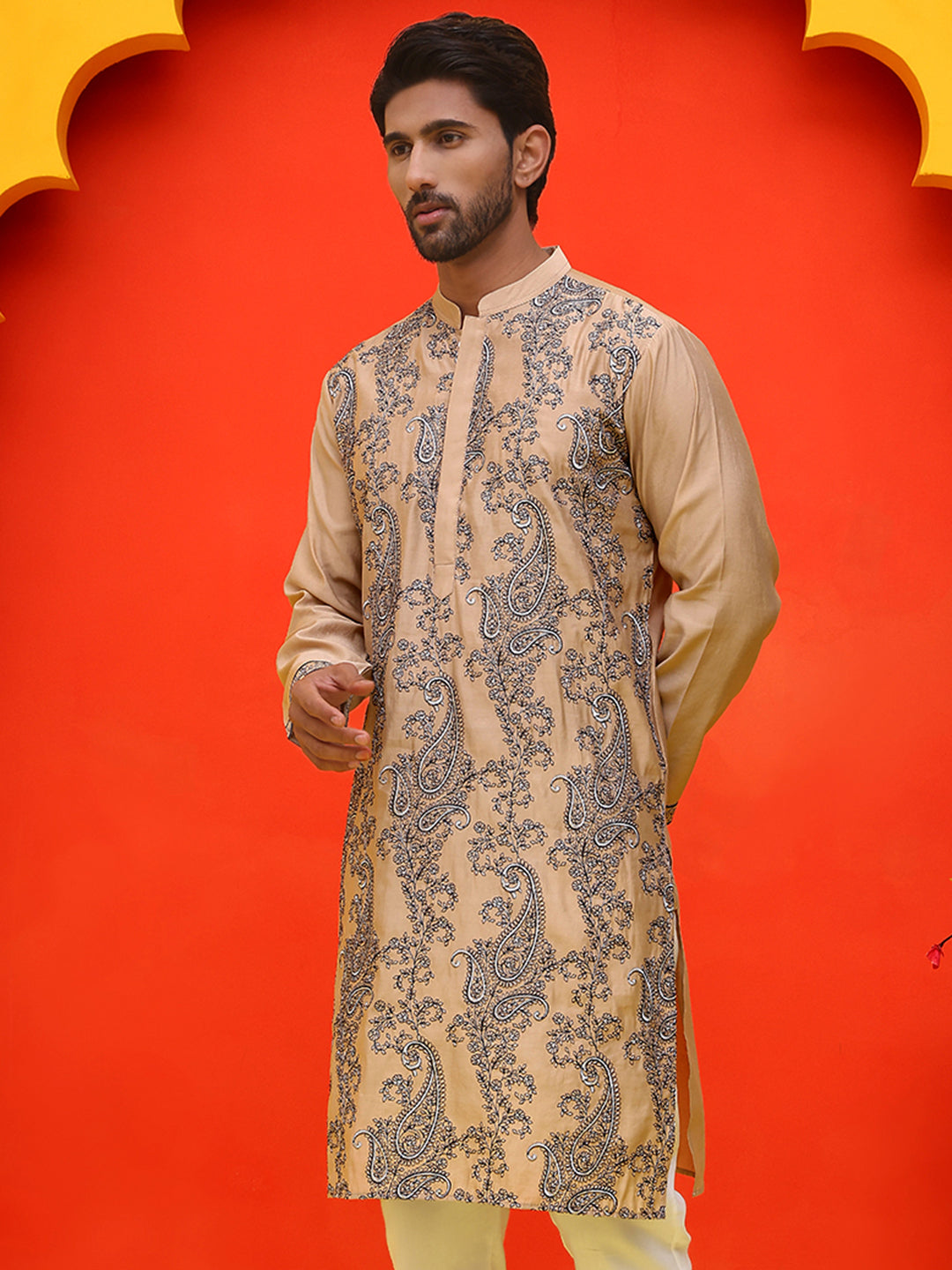 DesiQlo Men Floral Kurta Only - Beige - KO_5230Beige_S