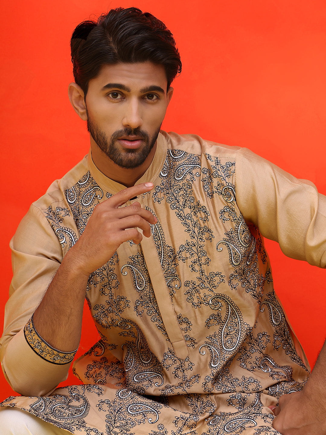 DesiQlo Men Floral Kurta Only - Beige - KO_5230Beige_S