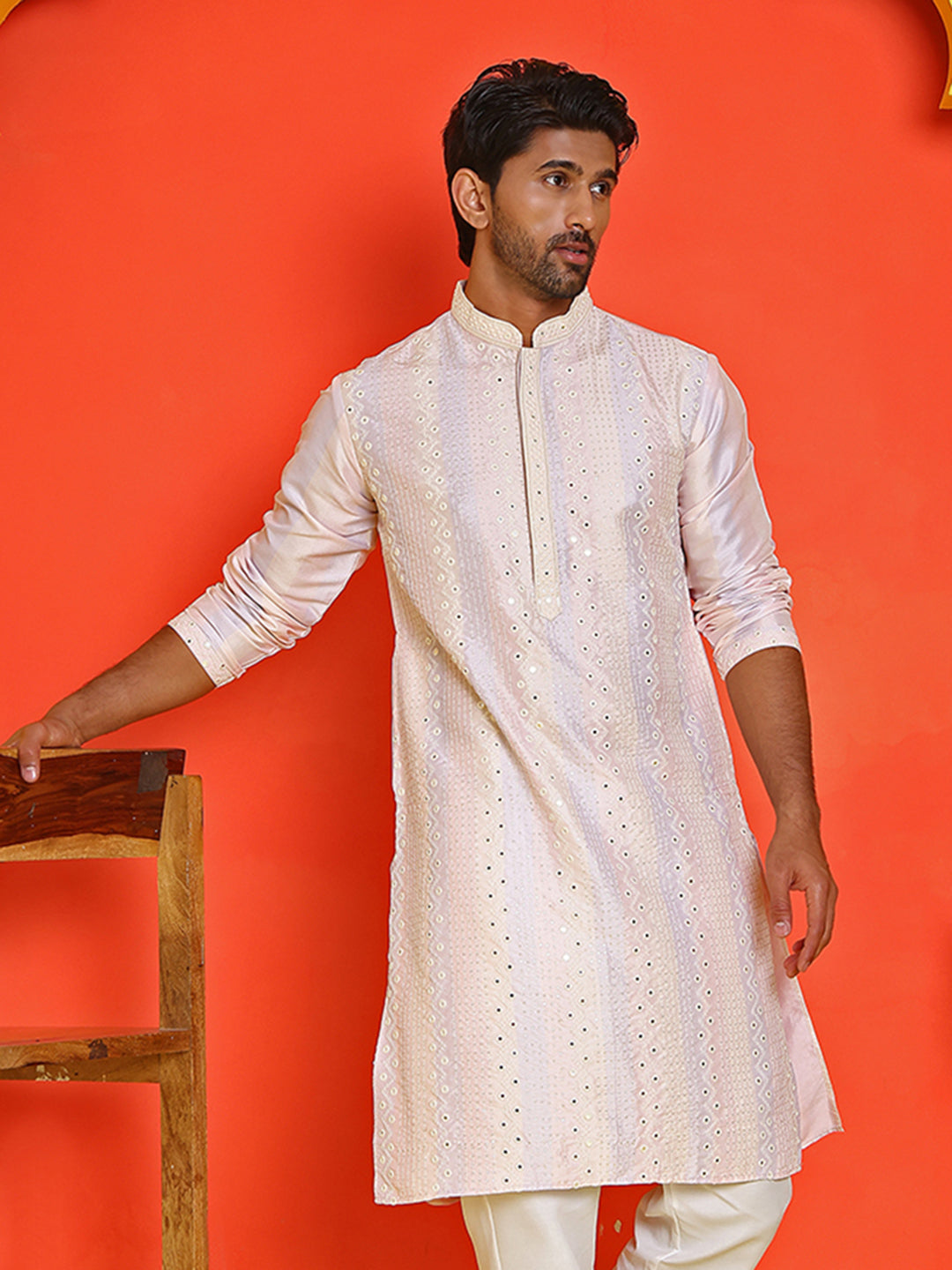 DesiQlo Men Embroidered Kurta Only - Orange - KO_5231Peach_S