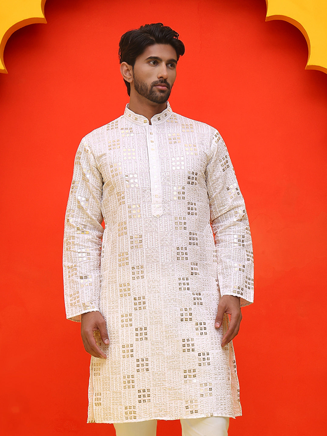 DesiQlo Men Embroidered Kurta Only - White - KO_5233White_S