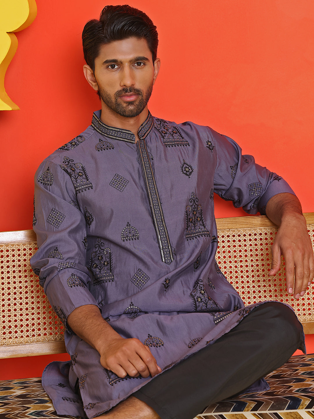 DesiQlo Men Embroidered Kurta Only - Purple - KO_5234Purple_S