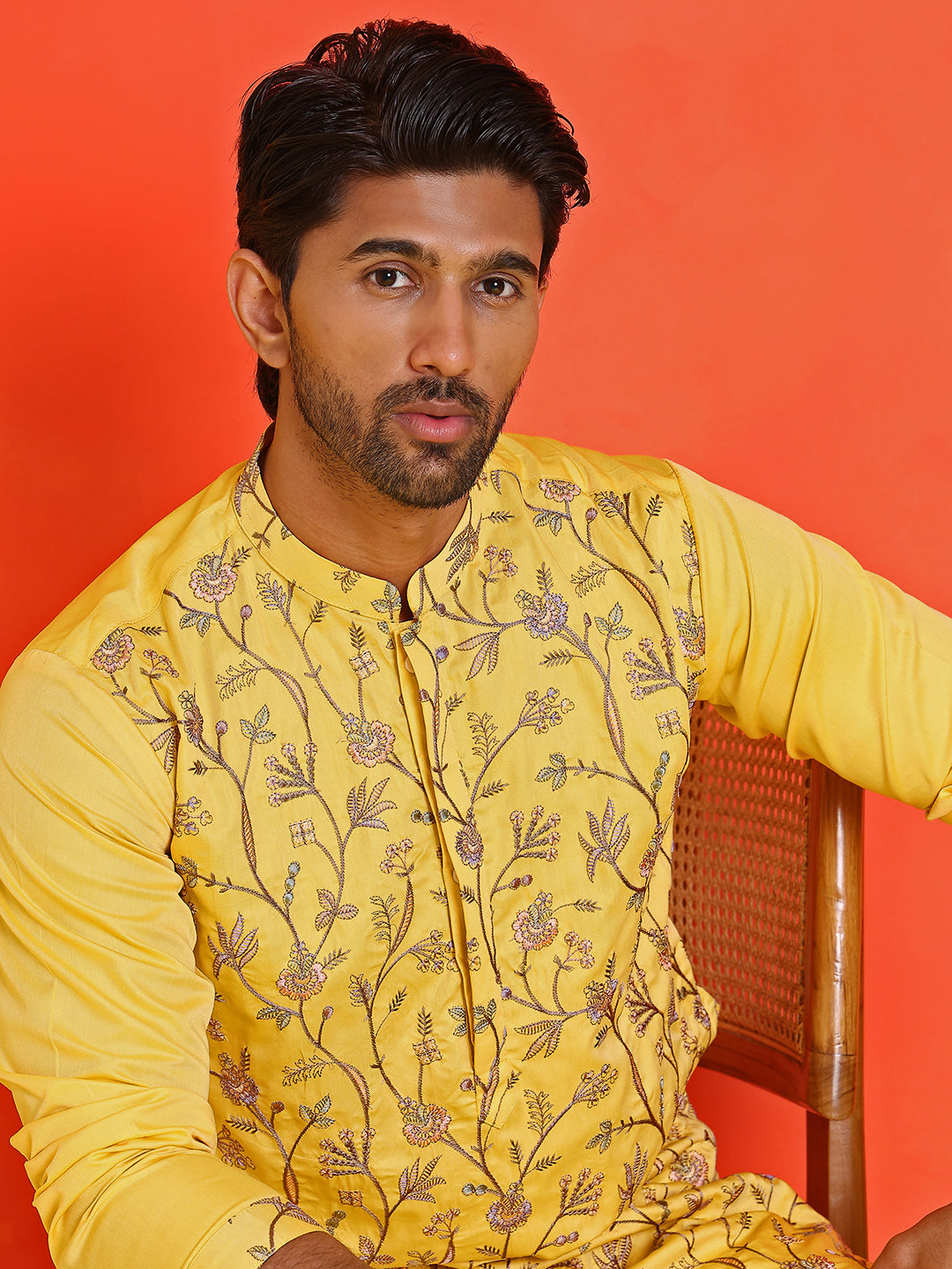 DesiQlo Men Embroidered Kurta Only - Yellow - KO_5236Yellow_S