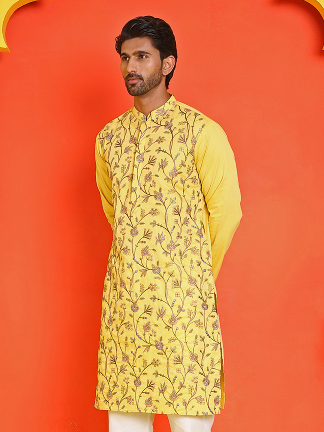 DesiQlo Men Embroidered Kurta Only - Yellow - KO_5236Yellow_S
