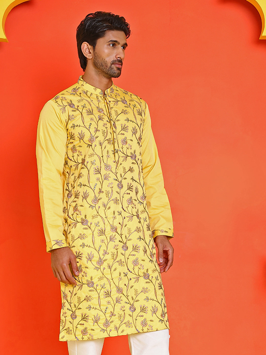 DesiQlo Men Embroidered Kurta Only - Yellow - KO_5236Yellow_S