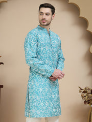 Floral Printed Kurtas for Men ( KO 5237 Sky ) [FF] [I-1-4]