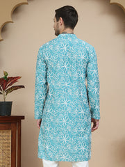 Floral Printed Kurtas for Men ( KO 5237 Sky ) [FF] [I-1-4]