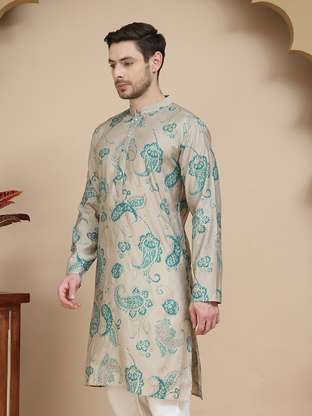 Stylish Beige Kurtas with Artistic Teal Paisley Print ( KO 5242 Beige ) [FF] [ I1 ]