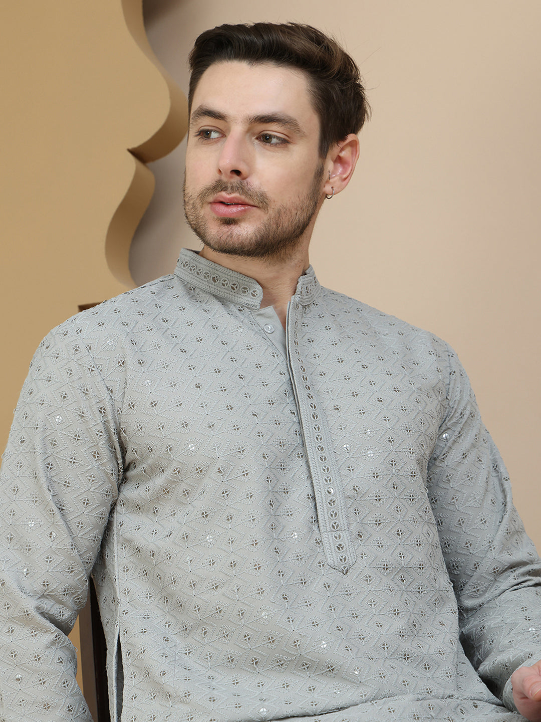 Embroidered Cotton Kurtas for Men ( KO 5244 Grey ) [FF] [B-12]