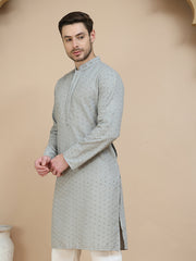 Embroidered Cotton Kurtas for Men ( KO 5244 Grey ) [FF] [B-12]