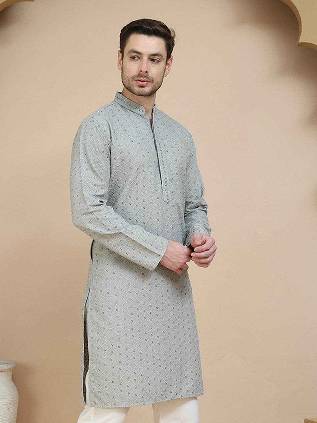 DesiQlo Men Embroidered Kurta Only - Grey - KO_5244Grey_S