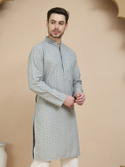 Embroidered Cotton Kurtas for Men ( KO 5244 Grey ) [FF] [B-12]