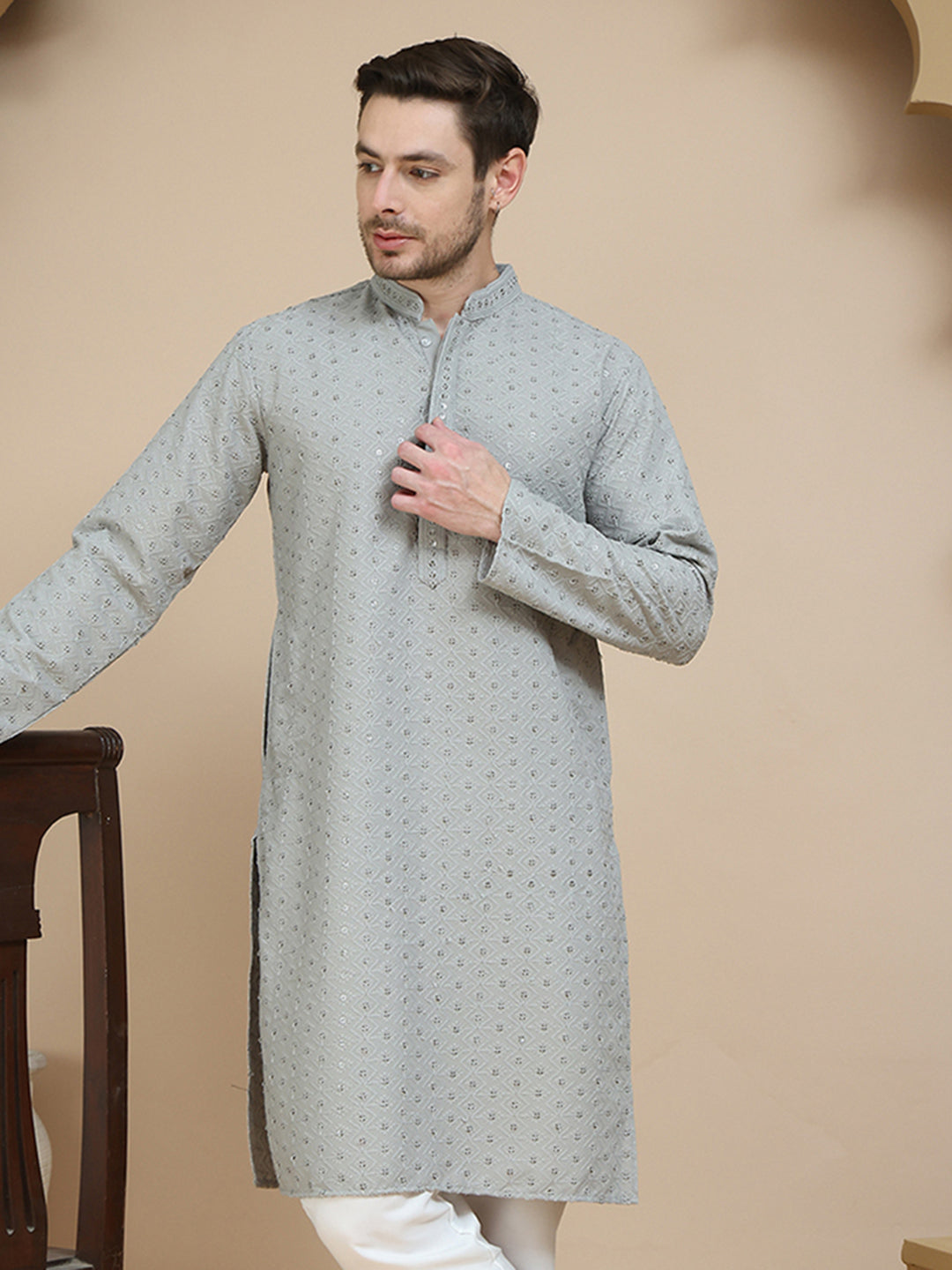 DesiQlo Men Embroidered Kurta Only - Grey - KO_5244Grey_S