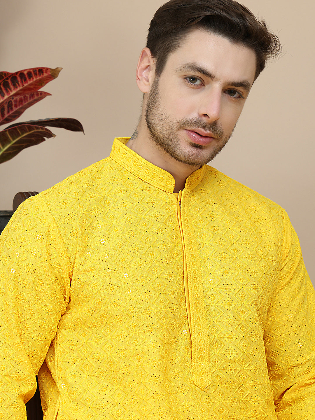 DesiQlo Men Embroidered Kurta Only - Yellow - KO_5244Yellow_S