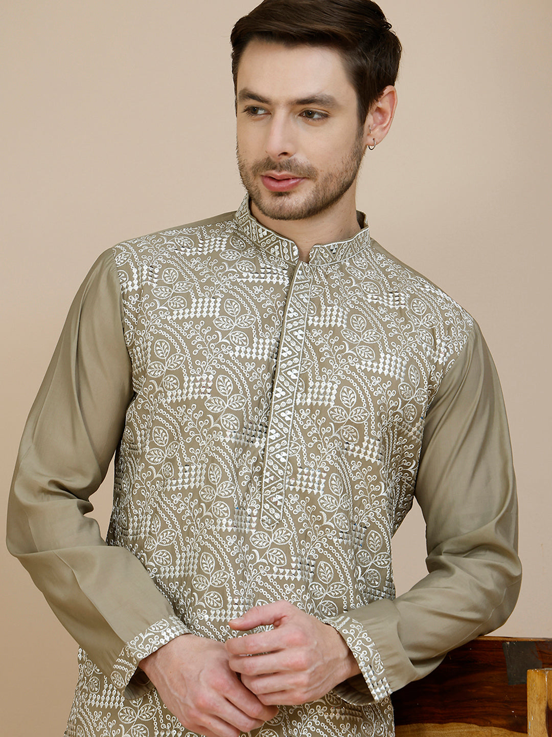 Embroidered Silk Blend Kurtas for Men ( KO 5245 Beige ) [FF] [I-1-4]