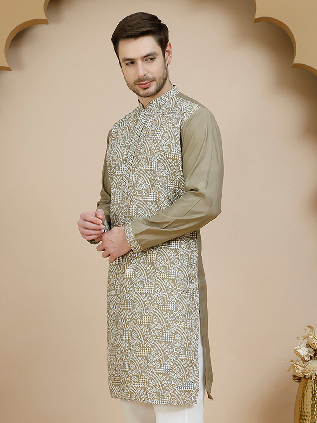 DesiQlo Men Embroidered Kurta Only - Beige - KO_5245Beige_S
