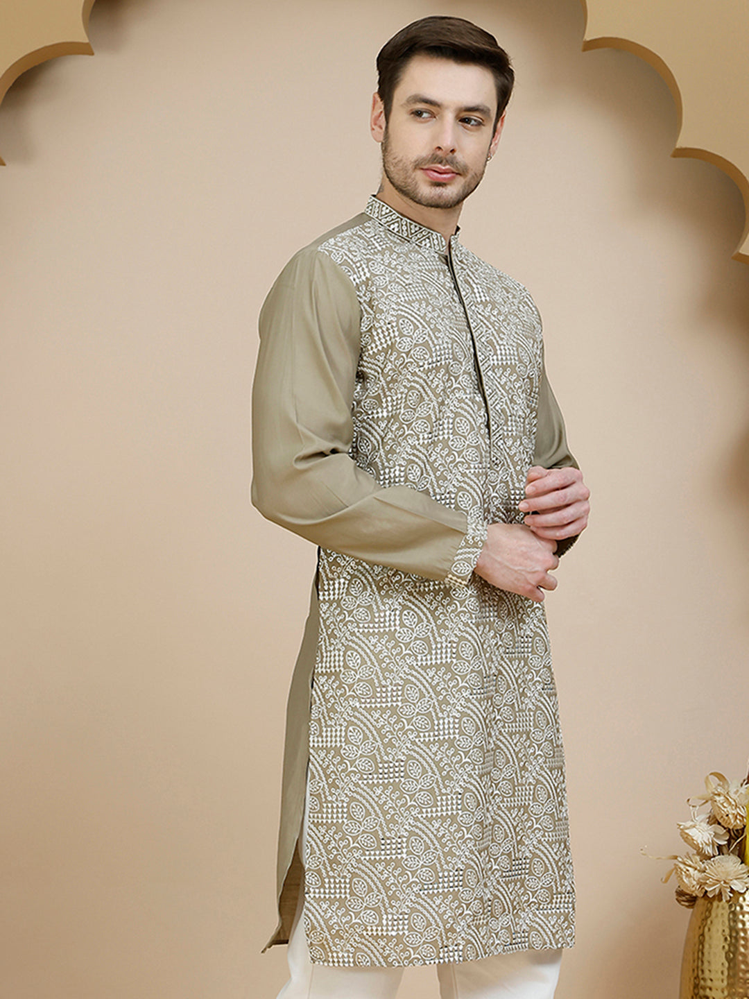 DesiQlo Men Embroidered Kurta Only - Beige - KO_5245Beige_S