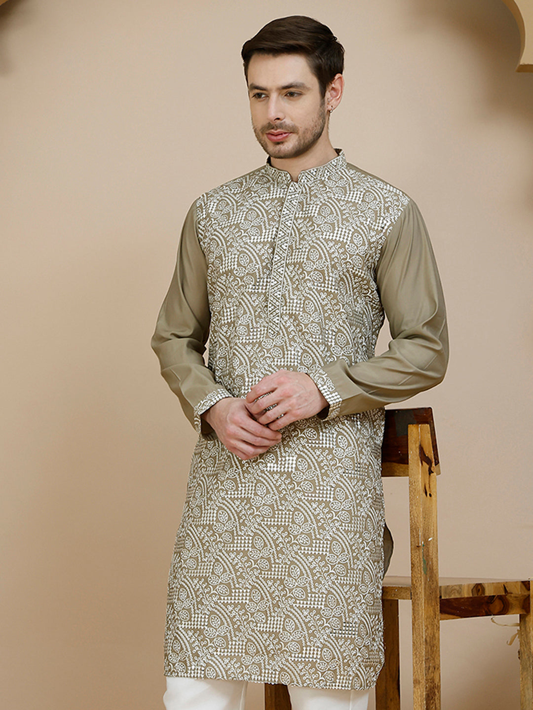 DesiQlo Men Embroidered Kurta Only - Beige - KO_5245Beige_S