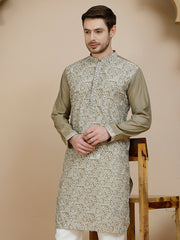 Embroidered Silk Blend Kurtas for Men ( KO 5245 Beige ) [FF] [I-1-4]