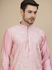 Embroidered Silk Blend Kurtas for Men ( KO 5245 Pink ) [FF] [I-1-4]