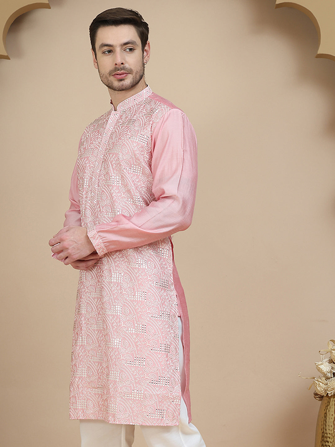 DesiQlo Men Embroidered Kurta Only - Pink - KO_5245Pink_S