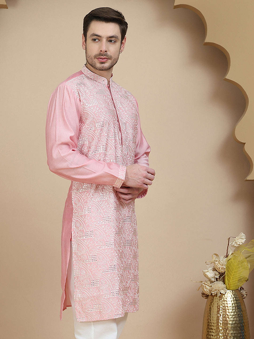 DesiQlo Men Embroidered Kurta Only - Pink - KO_5245Pink_S