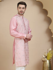 Embroidered Silk Blend Kurtas for Men ( KO 5245 Pink ) [FF] [I-1-4]