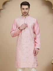 Embroidered Silk Blend Kurtas for Men ( KO 5245 Pink ) [FF] [I-1-4]