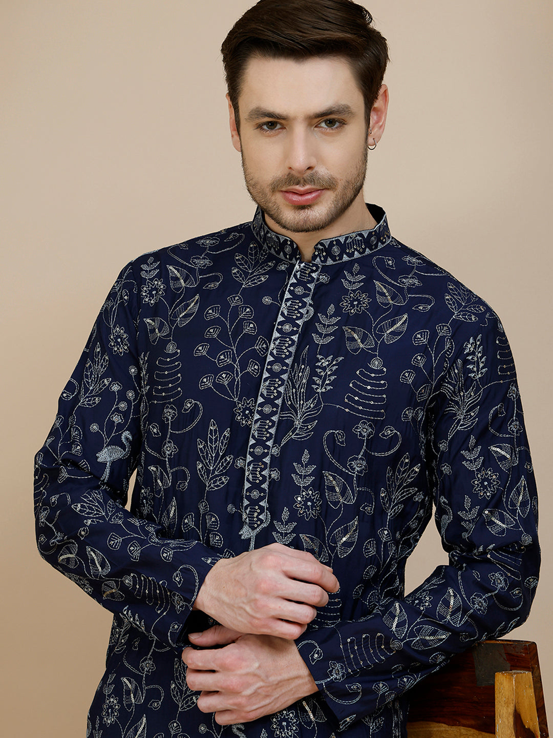 Embroidered Silk Blend Kurtas for Men ( KO 5246 Navy ) [FF] [ A11 ]