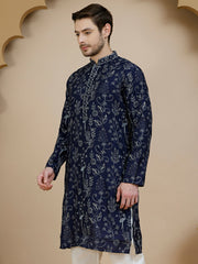Embroidered Silk Blend Kurtas for Men ( KO 5246 Navy ) [FF] [ A11 ]