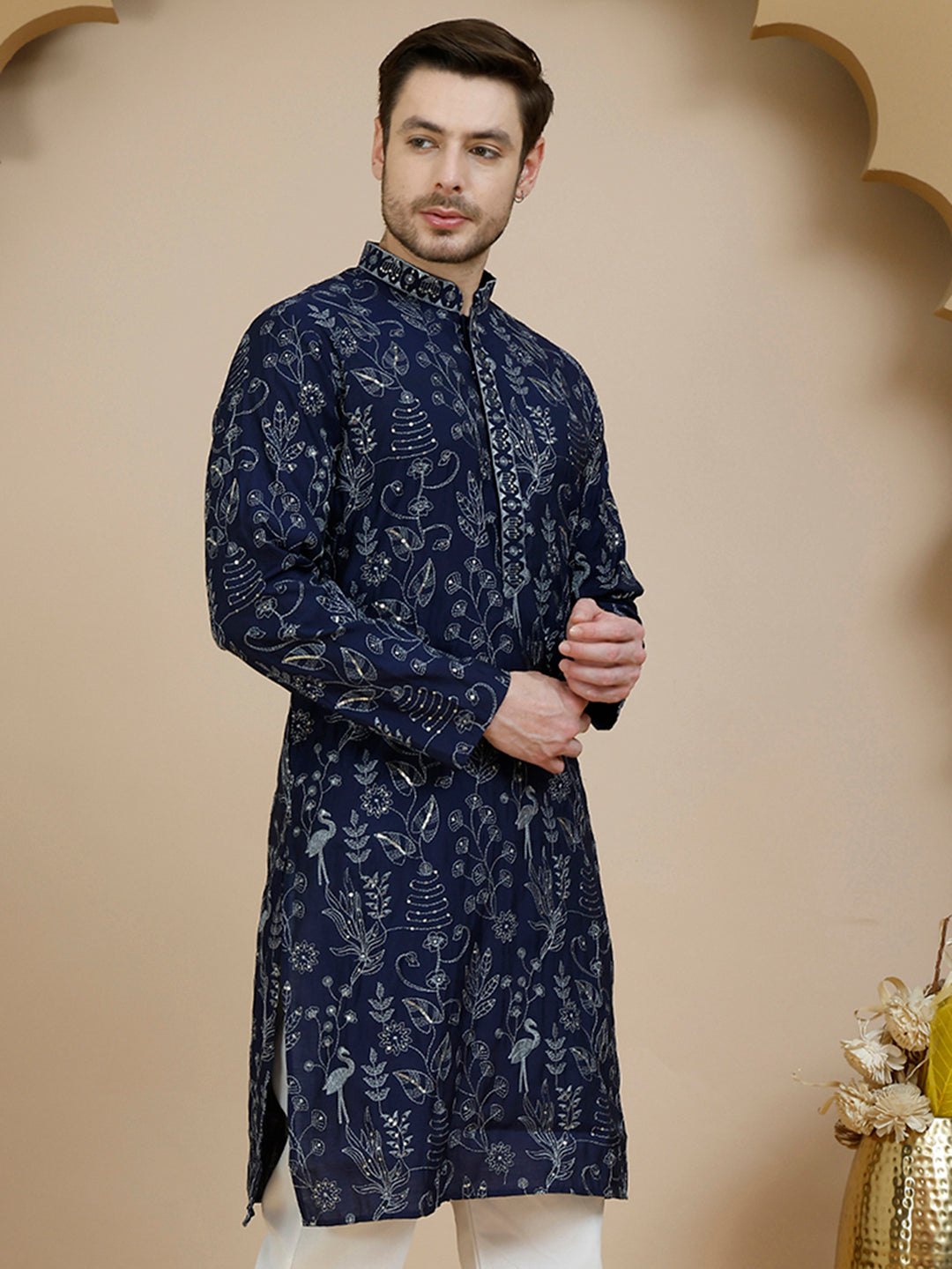 DesiQlo Men Embroidered Kurta Only - Blue - KO_5246Navy_S