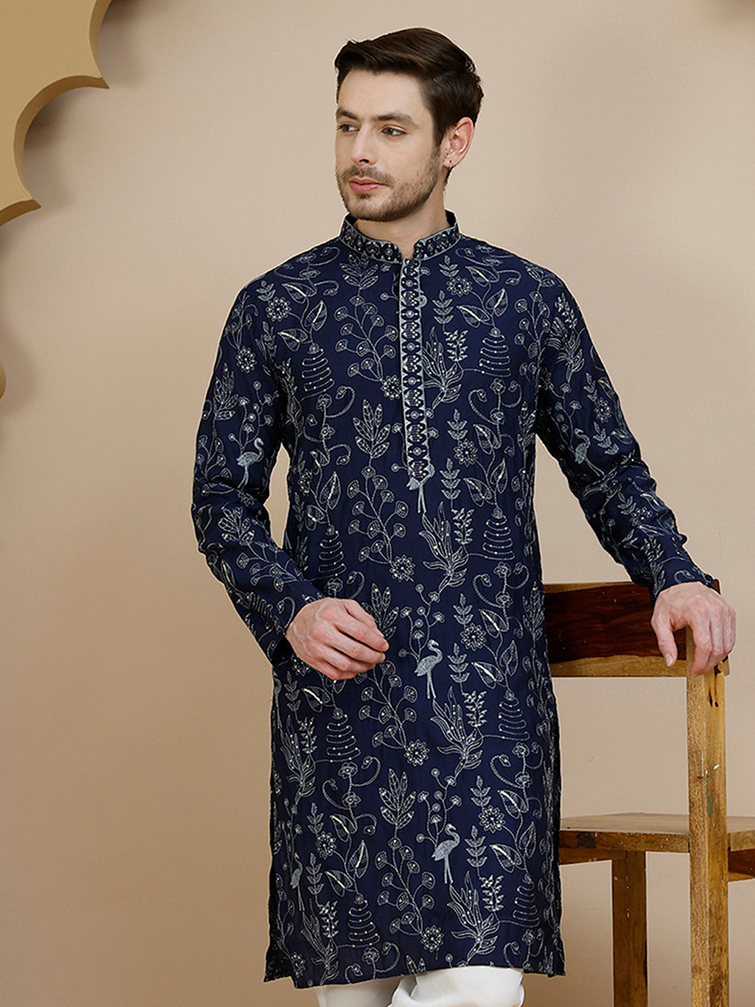 DesiQlo Men Embroidered Kurta Only - Blue - KO_5246Navy_S