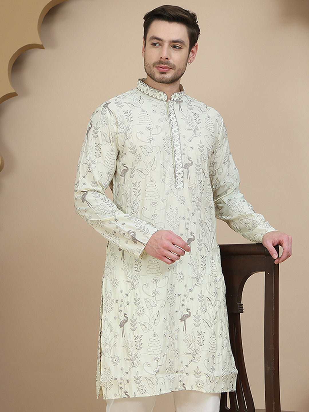 DesiQlo Men Embroidered Kurta Only - White - KO_5246Off-White_S