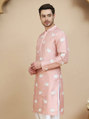 Elephant Embroidered Silk Blend Kurtas for Men ( KO 5247 Peach )