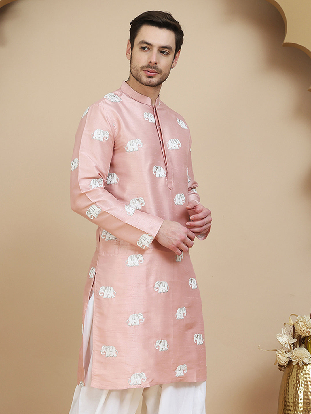 DesiQlo Men Embroidered Kurta Only - Orange - KO_5247Peach_S
