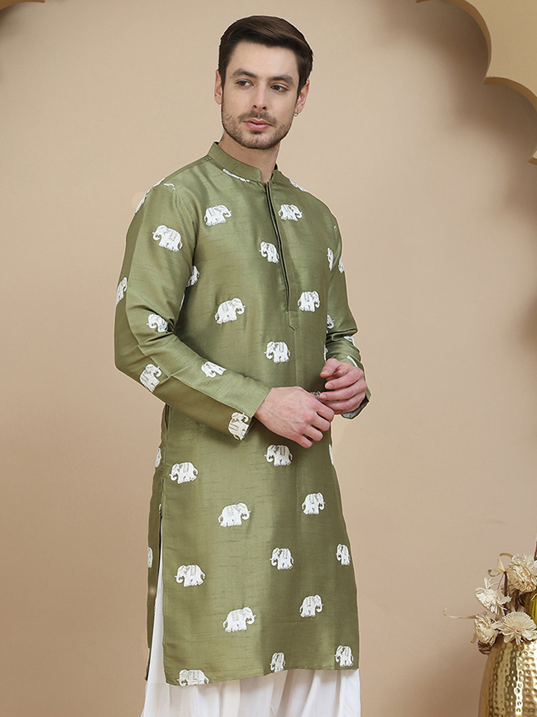 DesiQlo Men Embroidered Kurta Only - Green - KO_5247Pista_S
