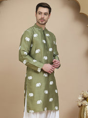 Elephant Embroidered Silk Blend Kurtas for Men ( KO 5247 Pista )
