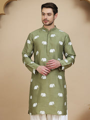 Elephant Embroidered Silk Blend Kurtas for Men ( KO 5247 Pista )